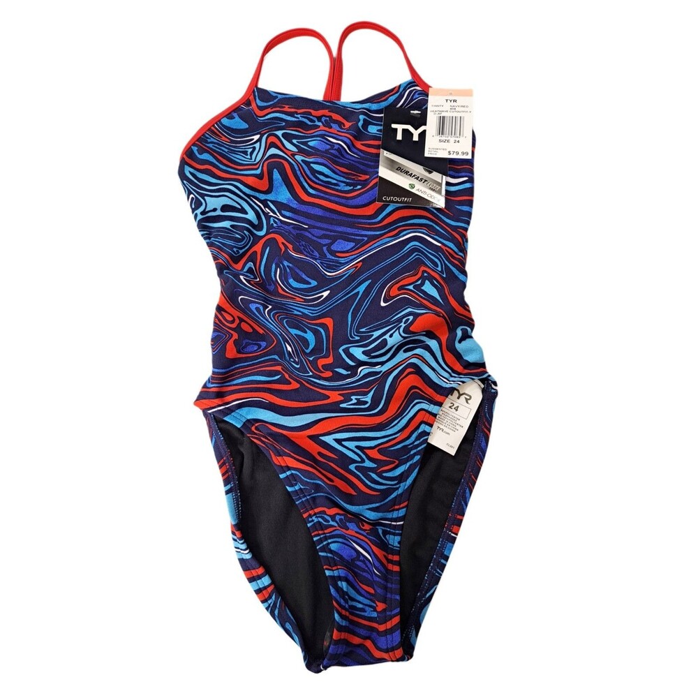 TYR Heatwave Cutoutfit One-pc Swimsuit Blue Red THW7A Size 24 | Girls 7/8 $80
